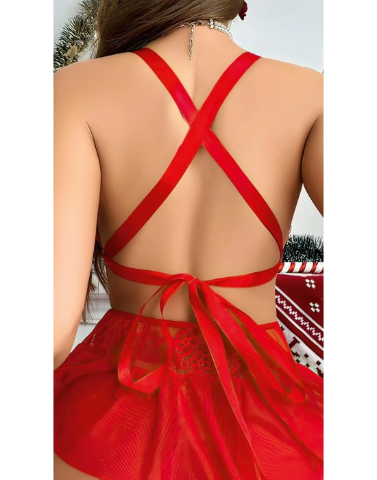 Kırmızı Dantel İşlemeli Etekli Sütyen Fantezi Takım