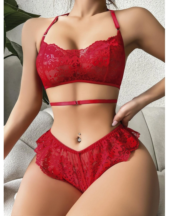 Kırmızı Dantel İşlemeli Fantezi Şık Sütyen Külot Takımı