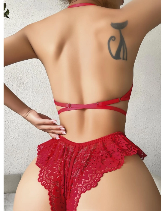 Kırmızı Dantel İşlemeli Fantezi Şık Sütyen Külot Takımı