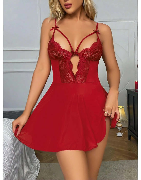Kırmızı Dantel İşlemeli Göğüs İp Detaylı Fantezi Tül Gecelik Takımı