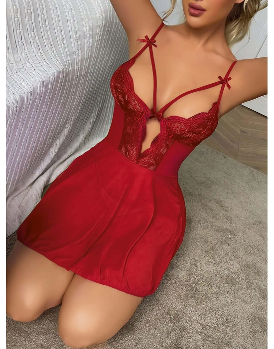 Kırmızı Dantel İşlemeli Göğüs İp Detaylı Fantezi Tül Gecelik Takımı