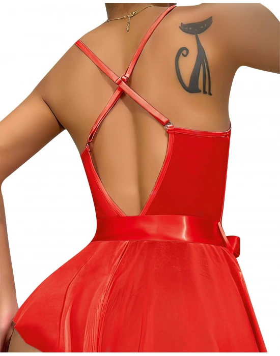 Kırmızı Dantel İşlemeli Kurdelalı Fantezi Tül Babydoll