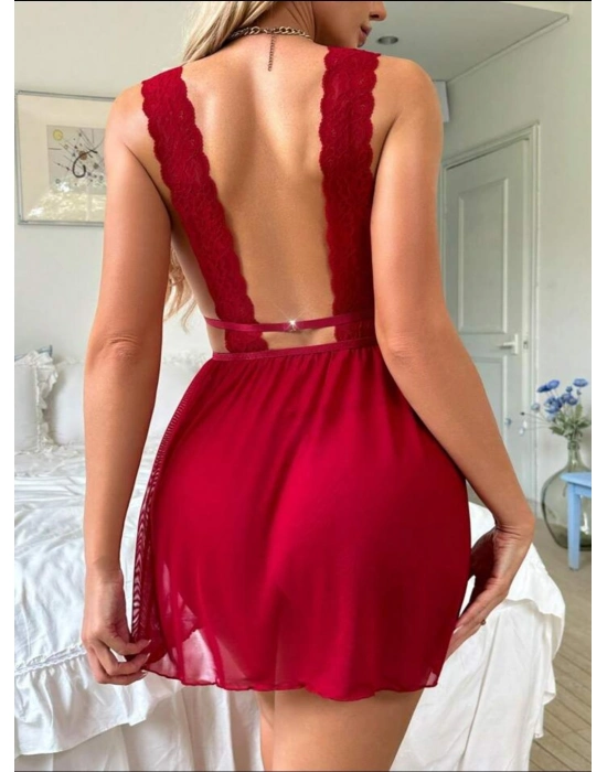 Kırmızı Dantel İşlemeli Tül Fantezi Gecelik