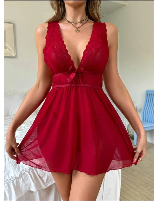 Kırmızı Dantel İşlemeli Tül Fantezi Gecelik