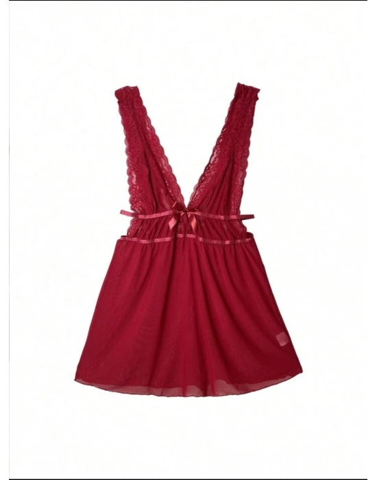 Kırmızı Dantel İşlemeli Tül Fantezi Gecelik