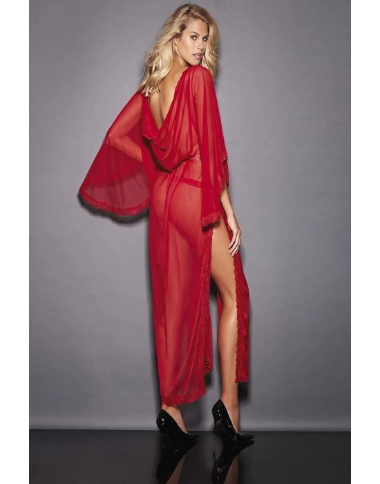 Kırmızı Dantel İşlemeli Yırtmaçlı Tül Uzun Fantezi Gecelik