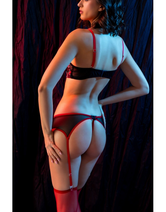 Kırmızı Dantel Jartiyerli 4’lü Fantazi İç Giyim Takımı,transparan Ayarlanabilir Askılı,kadın İçgiyim