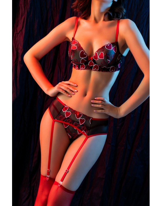 Kırmızı Dantel Jartiyerli 4’lü Fantazi İç Giyim Takımı,transparan Ayarlanabilir Askılı,kadın İçgiyim