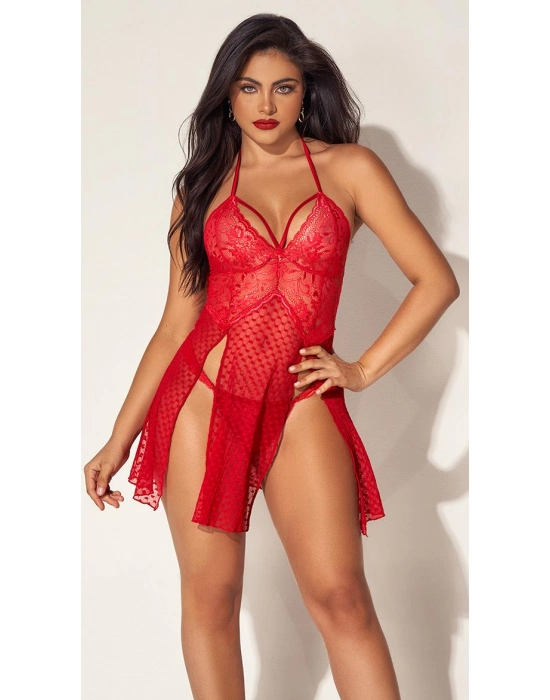 Kırmızı Dantelli Boyundan Askılı Göğüs Detay Gecelik Takımı
