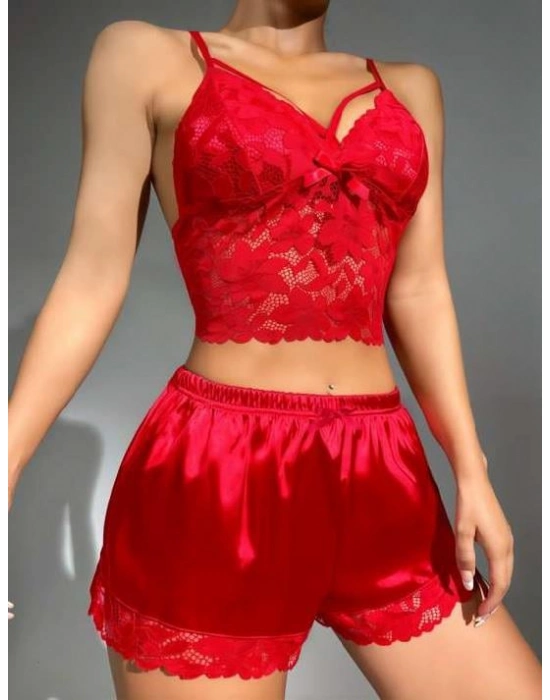 Kırmızı Dantelli Büstiyer İnce Askılı Saten Şortlu Takım