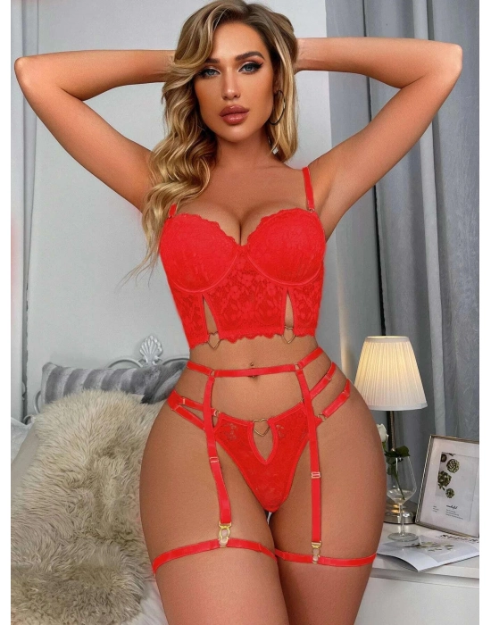 Kırmızı Dantelli Jartiyer Fantezi Seksi Büstiyer Takımı