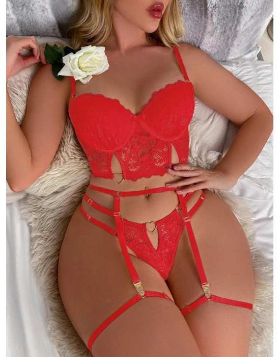 Kırmızı Dantelli Jartiyer Fantezi Seksi Büstiyer Takımı
