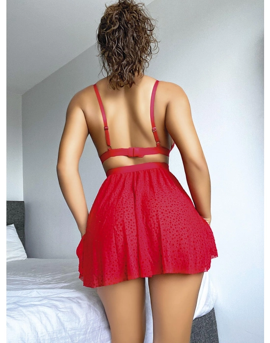 Kırmızı Desenli Mini Etekli Sütyen Takımı