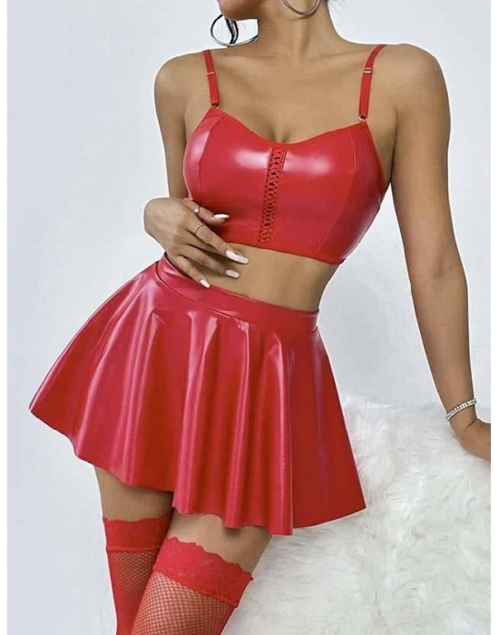 Kırmızı Etekli Fantezi Deri Şık Elbise