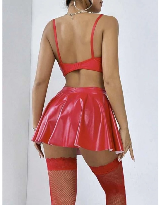 Kırmızı Etekli Fantezi Deri Şık Elbise