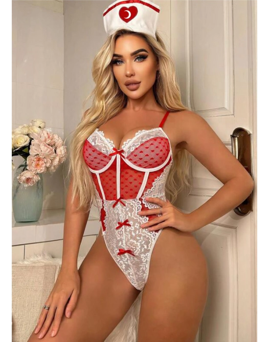 Kırmızı Fantezi Body Hemşire Kostümü