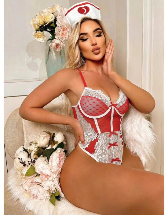 Kırmızı Fantezi Body Hemşire Kostümü