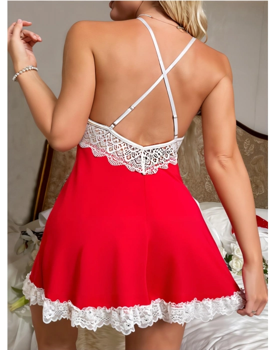 Kırmızı Fantezi Özel Tasarım Dantel İşlemeli Noel Yılbaşı Gecelik