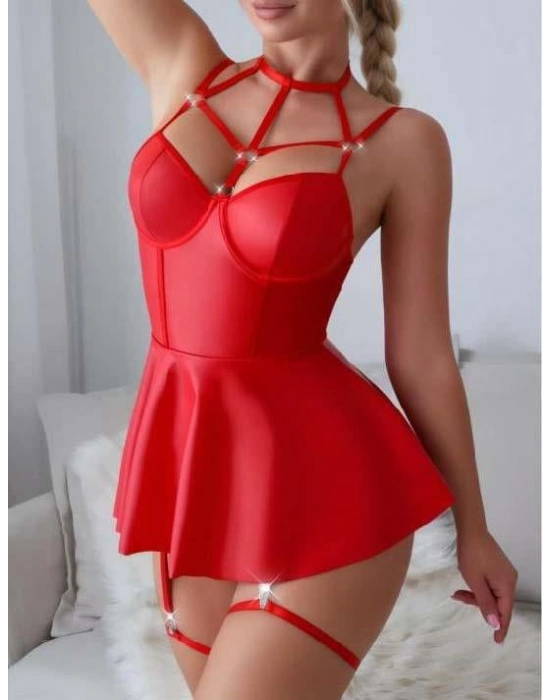 Kırmızı Fantezi Parlak Deri Şık Club Elbise