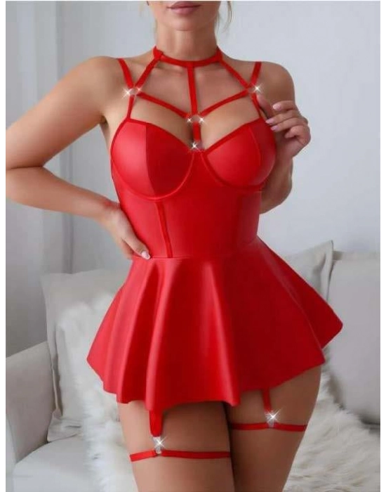 Kırmızı Fantezi Parlak Deri Şık Club Elbise