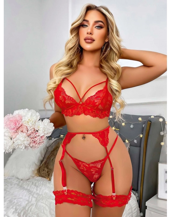Kırmızı Göğüs İp Detaylı Dantel İşlemeli Fantezi Jartiyer Takımı