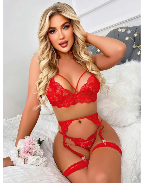 Kırmızı Göğüs İp Detaylı Dantel İşlemeli Fantezi Jartiyer Takımı