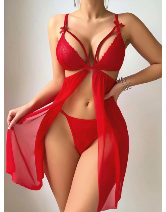 Kırmızı Göğüs İp Detaylı Dantel İşlemeli Tül Gecelik