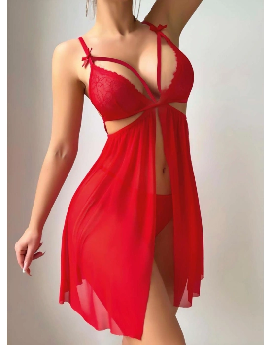 Kırmızı Göğüs İp Detaylı Dantel İşlemeli Tül Gecelik