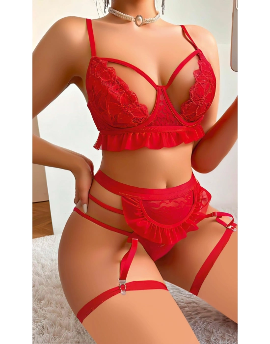 Kırmızı Hizmetçi Kostüm Bacak Bantlı Fantazi Gecelik 2084