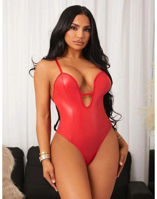 Kırmızı İp Detaylı Deri Fantezi Babydoll