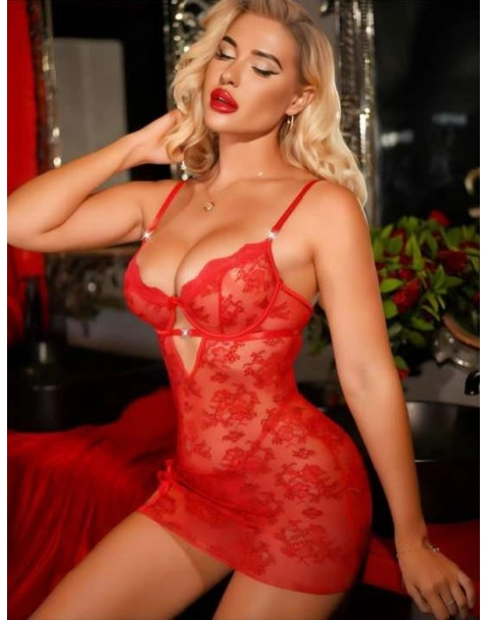 Kırmızı Kalp Aksesuarlı Yırtmaçlı Dantel İşlemeli Fantezi Gecelik