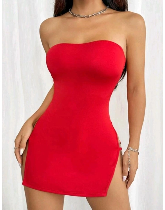 Kırmızı Metalli Straplez Mini Elbise