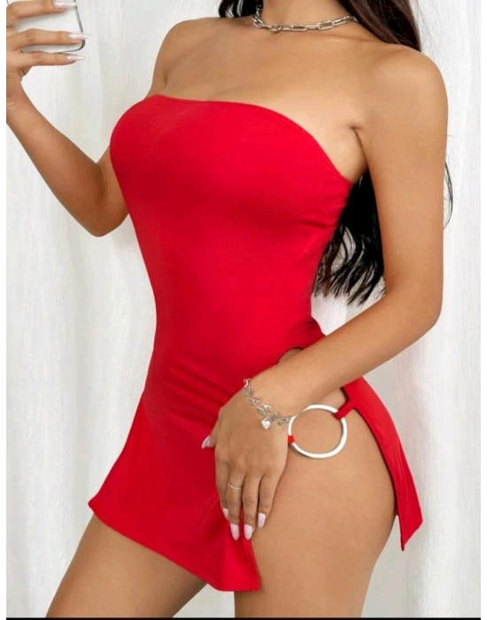 Kırmızı Metalli Straplez Mini Elbise
