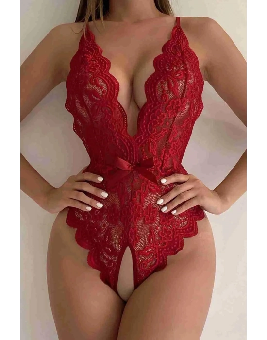Kırmızı Özel Bölgesi Açık Fiyonklu Dantel Fantezi Body