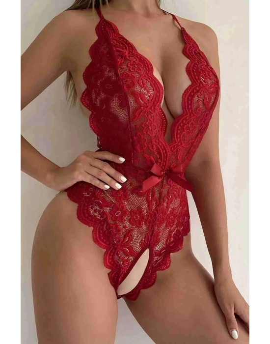 Kırmızı Özel Bölgesi Açık Fiyonklu Dantel Fantezi Body