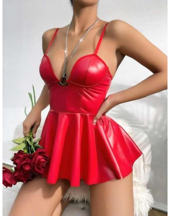 Kırmızı Parlak Lame Fantezi Deri Elbise