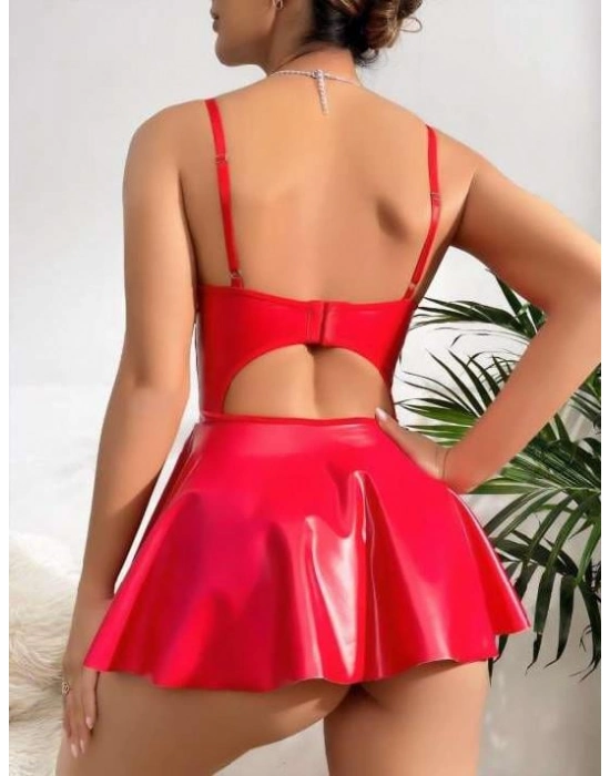 Kırmızı Parlak Lame Fantezi Deri Elbise