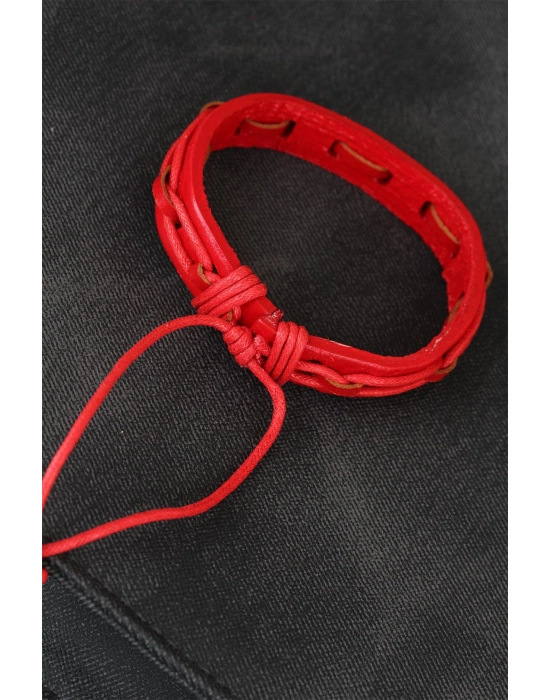 Kırmızı Renk Ayarlamalı İpli Deri Erkek Bileklik - Bamido