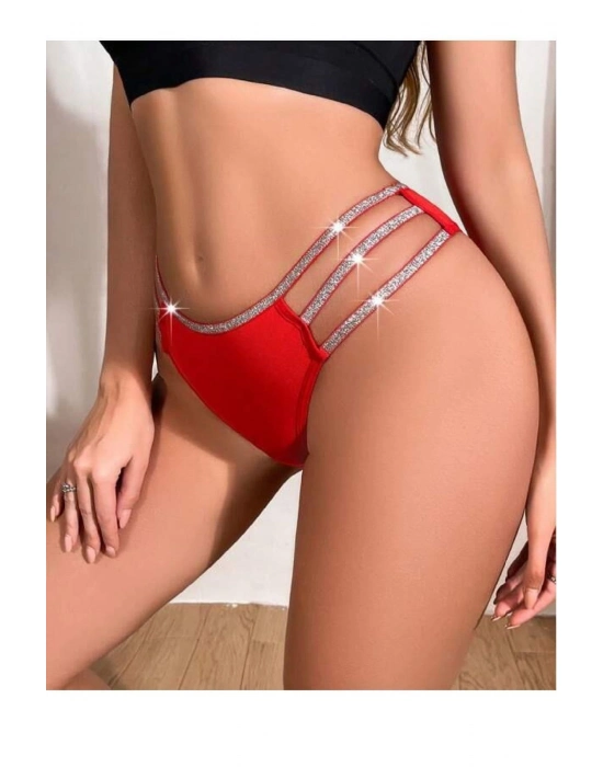 Kırmızı Simli Yanları Şeritli Şık Fantezi Külot