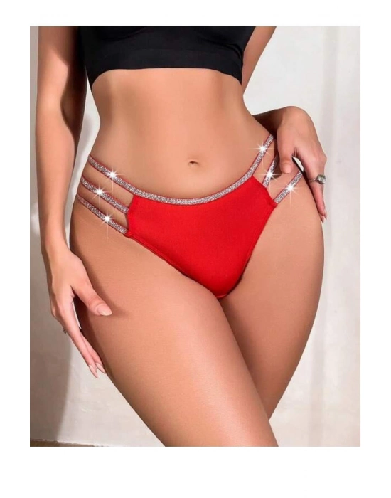 Kırmızı Simli Yanları Şeritli Şık Fantezi Külot