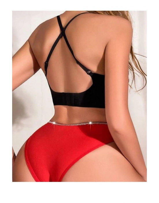 Kırmızı Simli Yanları Şeritli Şık Fantezi Külot