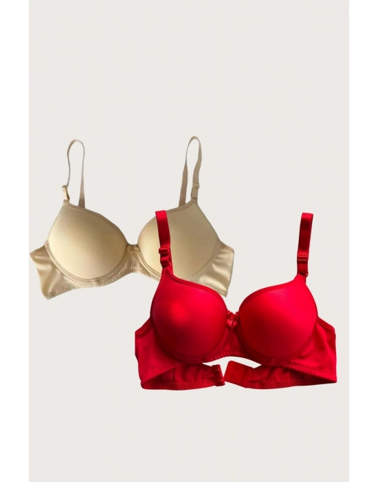 Kırmızı-ten 2li Mikro Kumaş İçi Boş Balenli Günlük Desteksiz Sütyen