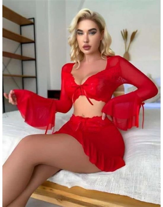 Kırmızı Transparan Fantezi Etekli Gecelik Takım