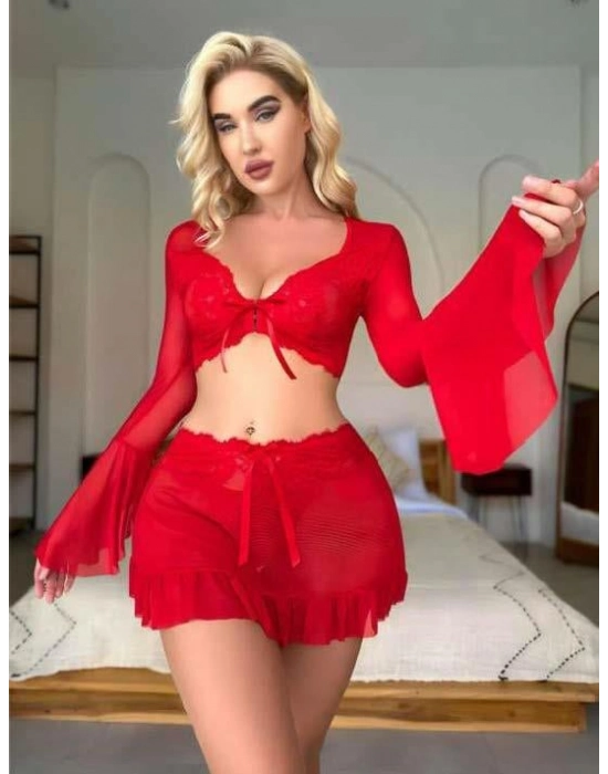 Kırmızı Transparan Fantezi Etekli Gecelik Takım