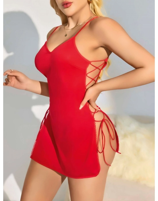 Kırmızı Yanları İp Detaylı Fantezi Gecelik