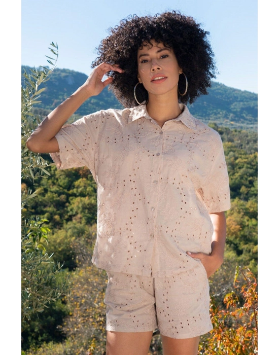 Kordone Nakışlı Kısa Kol Gömlek Kadın 410065