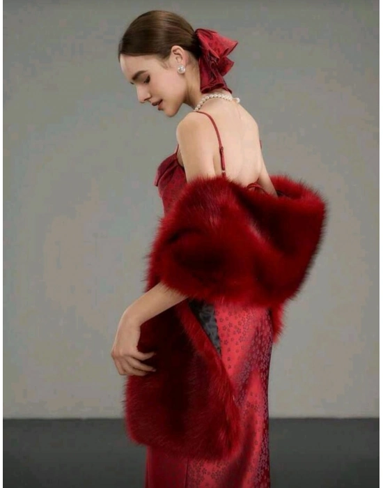 Kürk Orijinal Kırmızı Seksi Omuzluk Şık Kürk