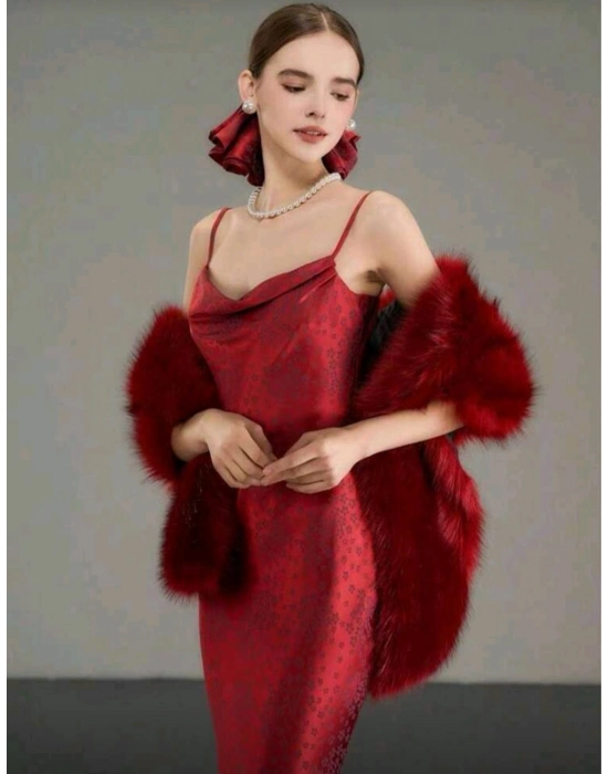 Kürk Orijinal Kırmızı Seksi Omuzluk Şık Kürk