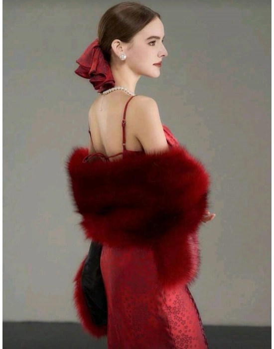 Kürk Orijinal Kırmızı Seksi Omuzluk Şık Kürk