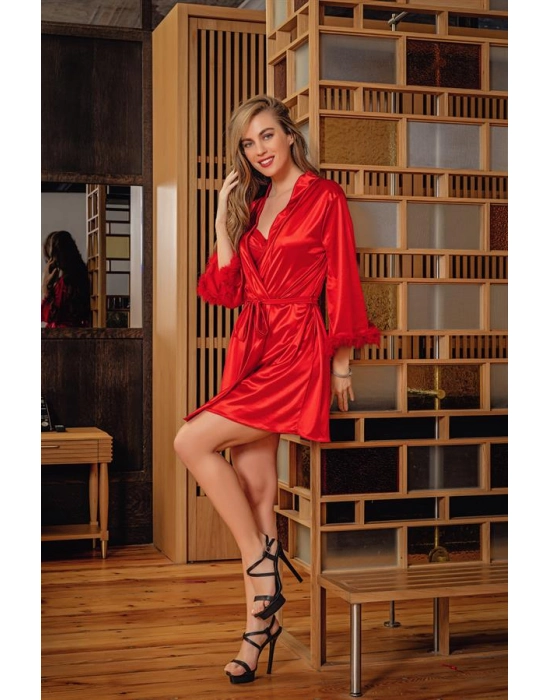 Kuşaklı Mini Boy Saten Sabahlık Kırmızı (brf11500)